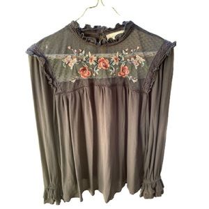 Altar’d State Floral Embroidered Black Lace Boho Blouse- Size Medium